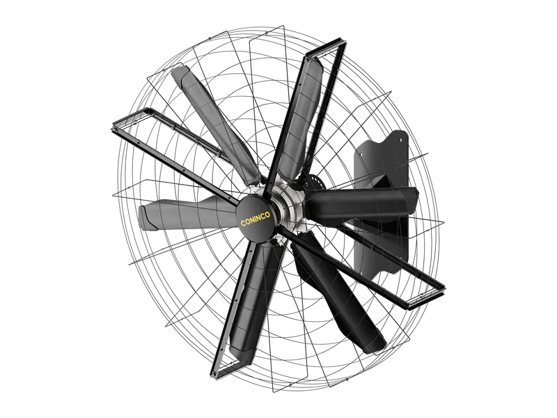 UltraAir: ventilador de pared en vista de tres cuartos, con su soporte